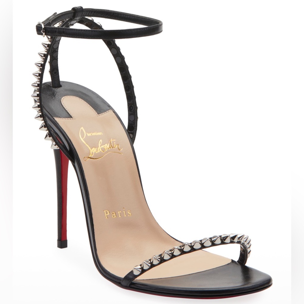 *NEW* Christian Louboutin So Me Spike Red Sole Black Sandal Heels Size 38.5